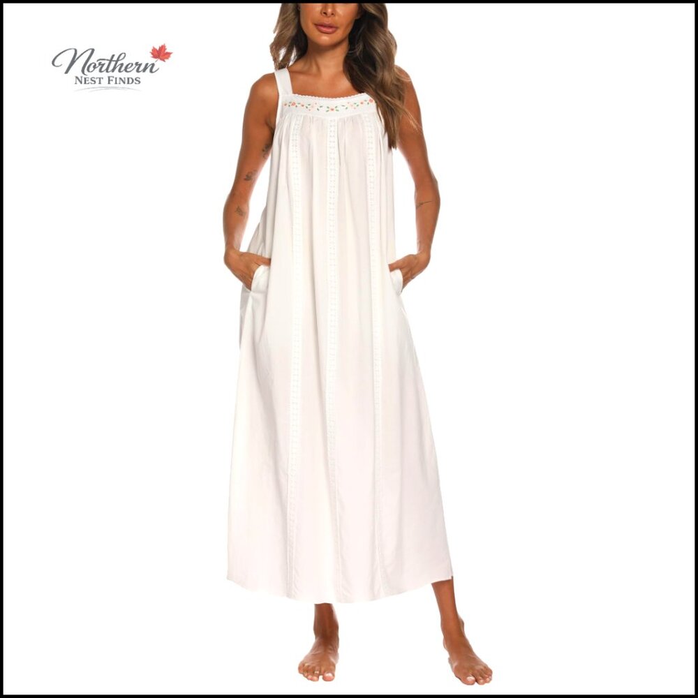 Sleeveless Cotton Nightgown with Pockets, Embroidery, S-XXL